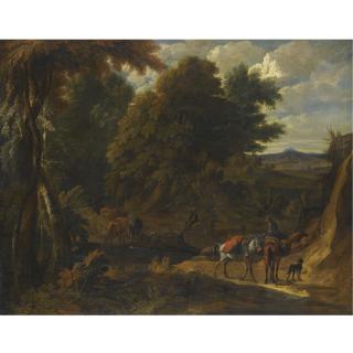 Pieter van Bloemen - A Wooded Landscape With Herders And Their Animals On A Path, Waterfalls And A Village To The Left; A Wooded Landscape With Cattle Drinking From A Stream And Their Herders Resting