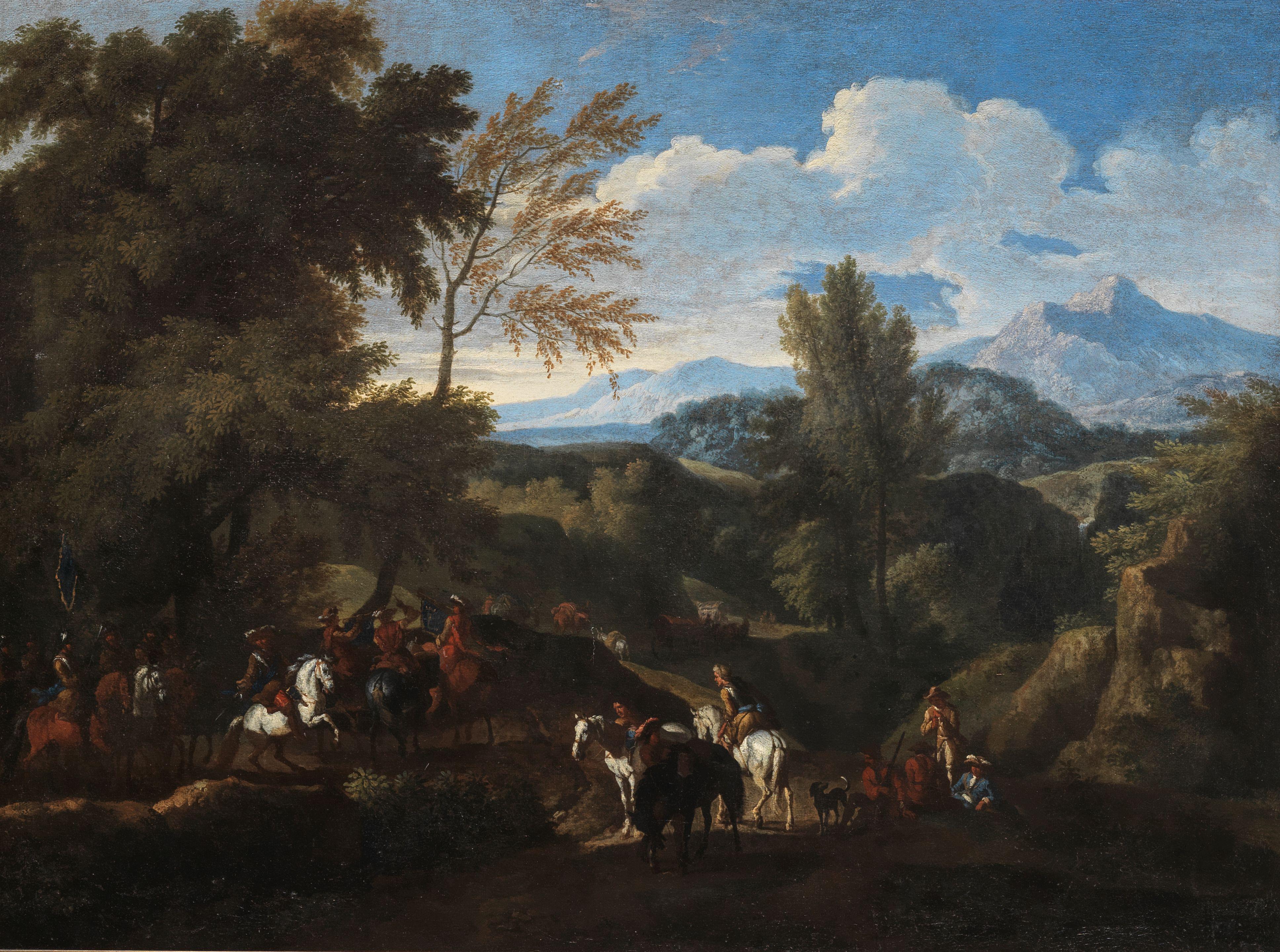 Pieter Van Bloemen - An Extensive Italianate Landscape With Soldiers On Horseback