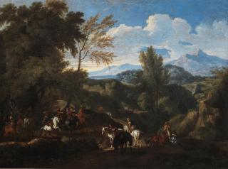 Pieter Van Bloemen - An Extensive Italianate Landscape With Soldiers On Horseback