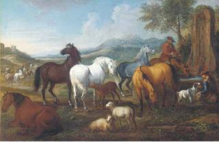 Pieter van Bloemen - An extensive landscape with horses at a trough