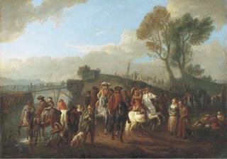 Pieter Van Bloemen - An Italianate river landscape with cavalry on the march