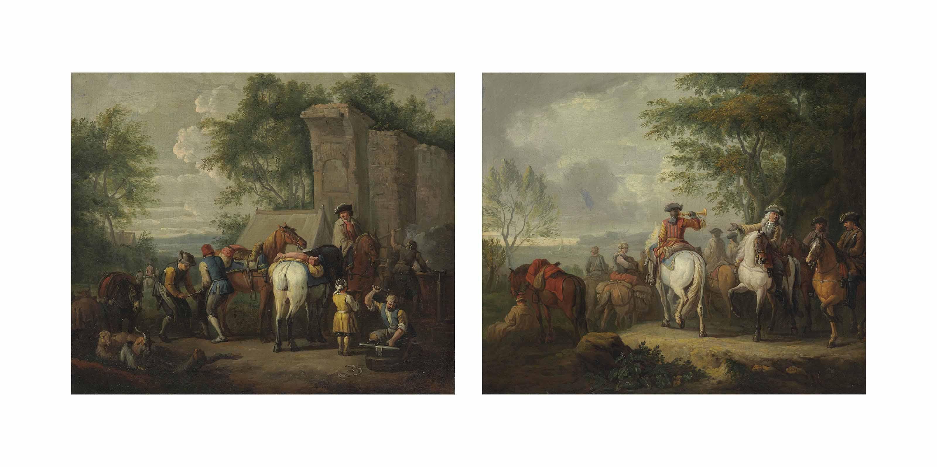 Pieter Van Bloemen - Cavaliers Setting Off On A Journey; And A Military Blacksmith Shoeing Horses By A Ruin