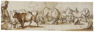 Pieter van Bloemen - Cows and sheep grazing with a shepherd on horseback
