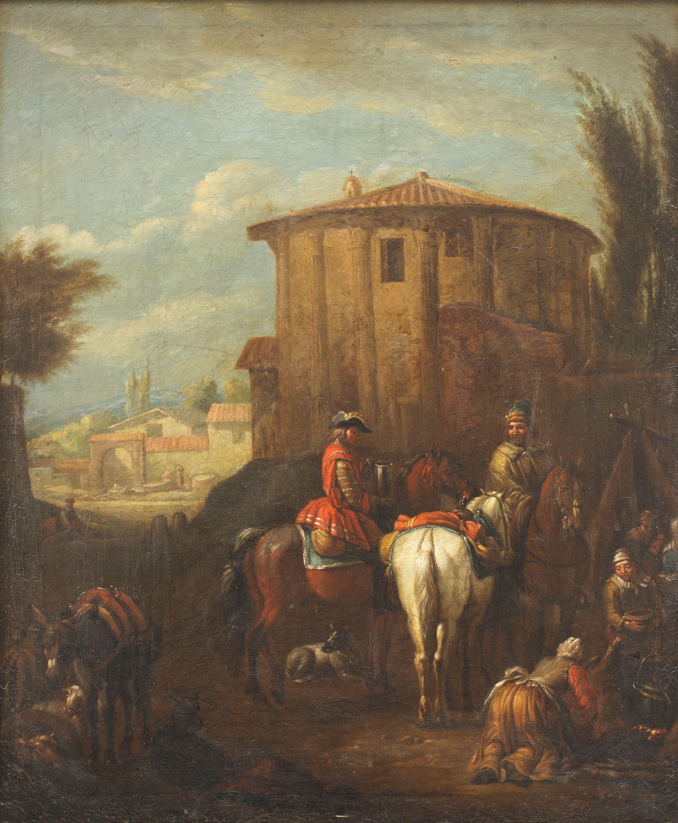 Pieter van Bloemen - Figures on horses resting at a camp in a town, a landscape beyond