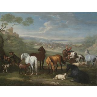 Pieter van Bloemen - Herdsmen With Horses And Sheep In The Foreground, A Battle Beyond