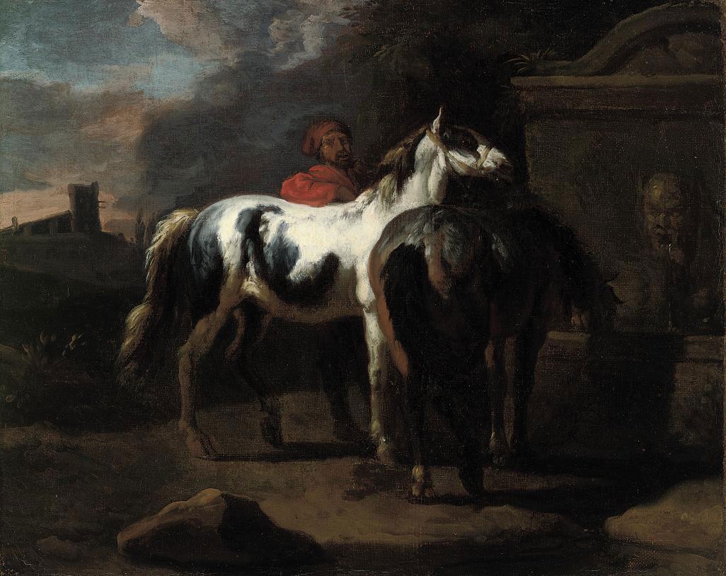 Pieter van Bloemen - Horses watering at a classical fountain