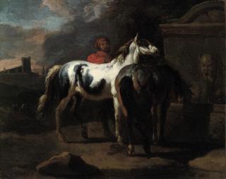 Pieter van Bloemen - Horses watering at a classical fountain