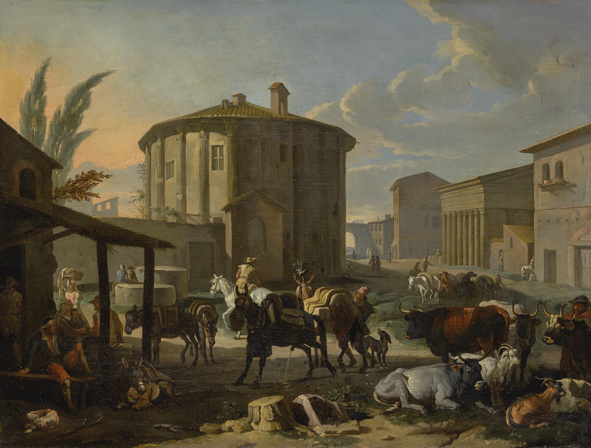 Pieter Van Bloemen - Roman Landscape With Figures And Animals In Front Of The Temple Of Vesta