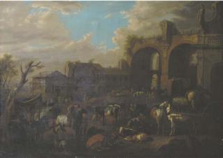 Pieter van Bloemen - Travellers On Horseback By A Blacksmith With Peasants And Their Cattle Near The Ruin of The Basilica of Constantine And The San Francesco Romana