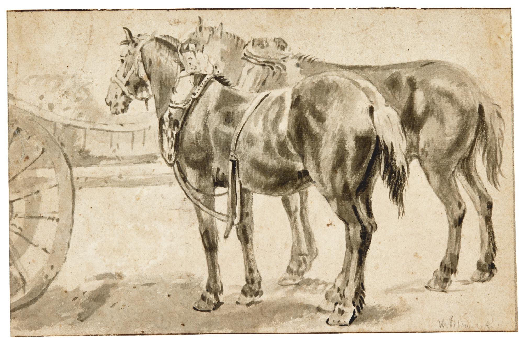 Pieter Van Bloemen - Two Carriage Horses Resting By Their Cart