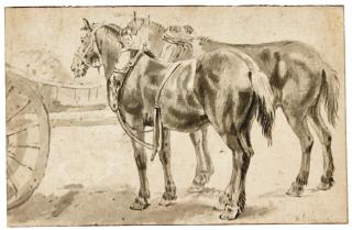 Pieter Van Bloemen - Two Carriage Horses Resting By Their Cart