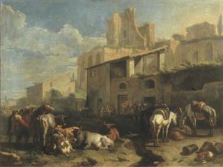 Pieter van Bloemen - Viandanti in sosta e armenti vari davanti ad una taverna con rovine romane sullo sfondo