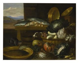 Pieter Van Boucle - Still Life Of Fish And Vegetables In Baskets And Copper Dishes Set In A Kitchen Interior, A Cat And Dog Amongst The Foodstuffs And A Window With A Landscape Beyond