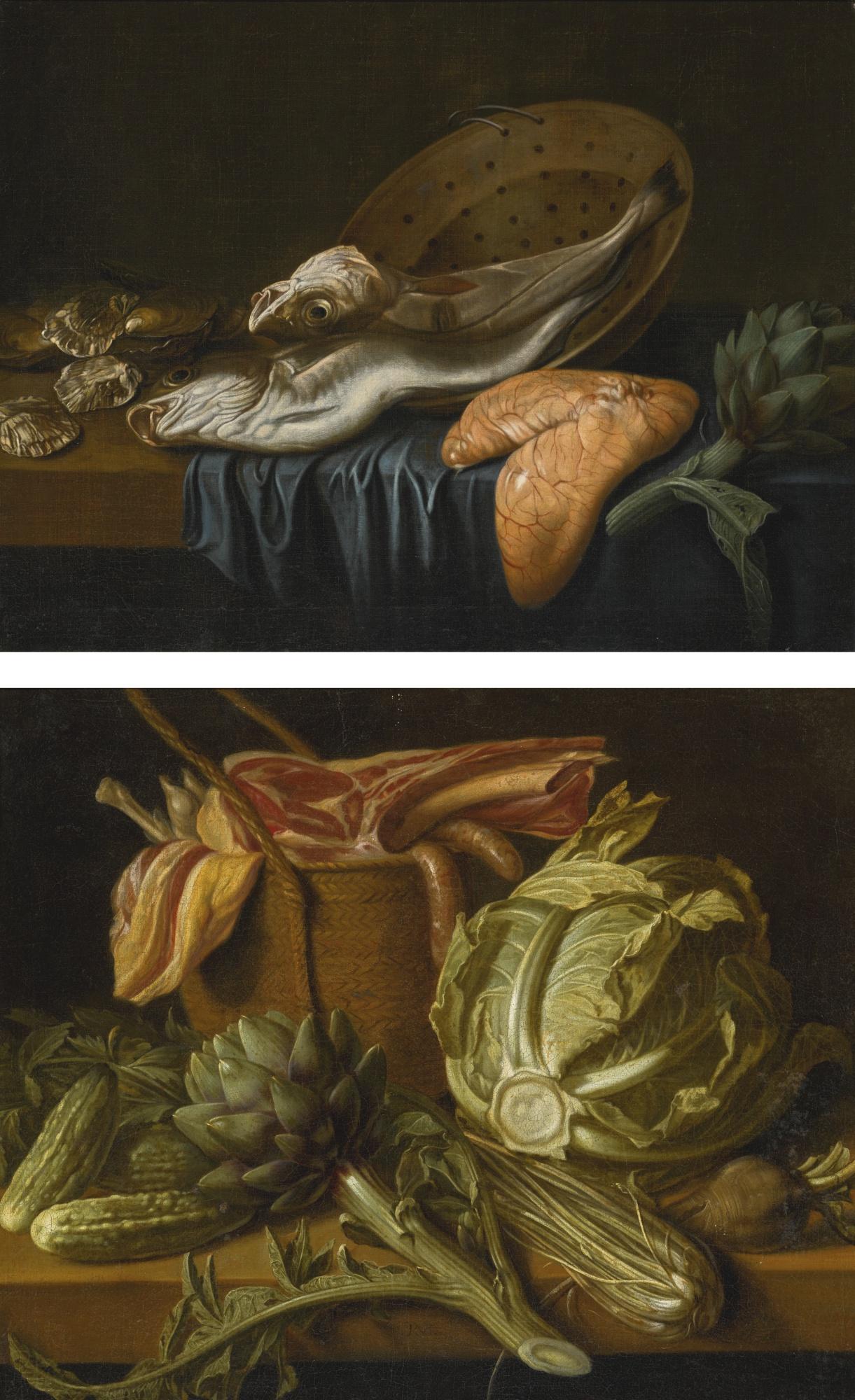 Pieter Van Boucle - Still Life With Fish And Liver;  Still Life With Artichoke, Cabbage And Meat