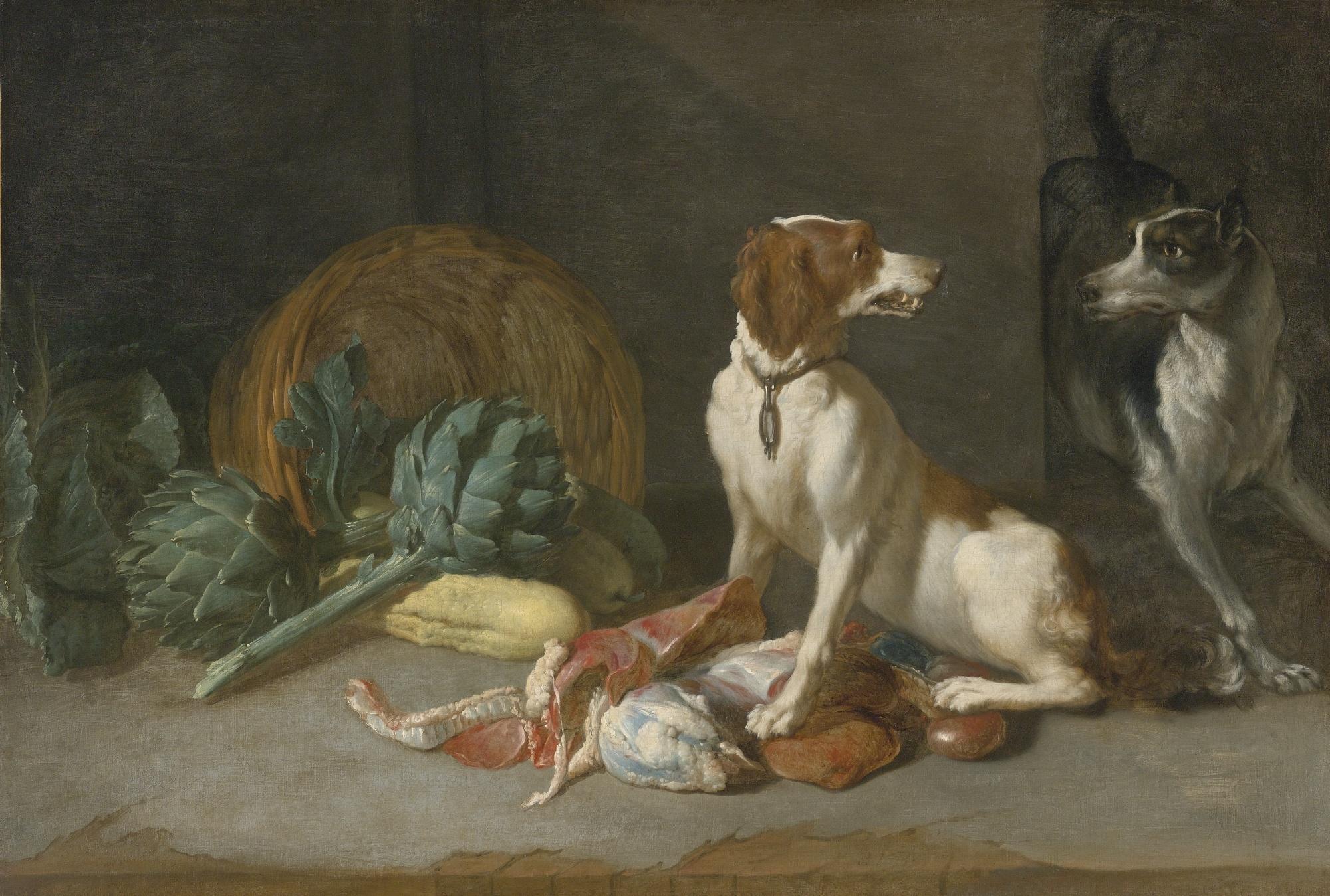 Pieter Van Boucle - Two Hounds With A Still Life Of Entrails, Artichokes, Lettuce, Squash And A Woven Basket