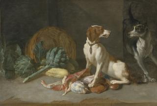 Pieter Van Boucle - Two Hounds With A Still Life Of Entrails, Artichokes, Lettuce, Squash And A Woven Basket