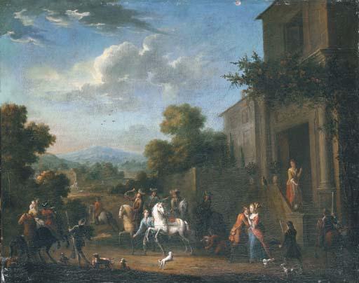 Pieter Van Bredael - The courtyard of an elegant mansion with figures departing for the hunt