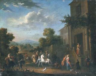 Pieter Van Bredael - The courtyard of an elegant mansion with figures departing for the hunt