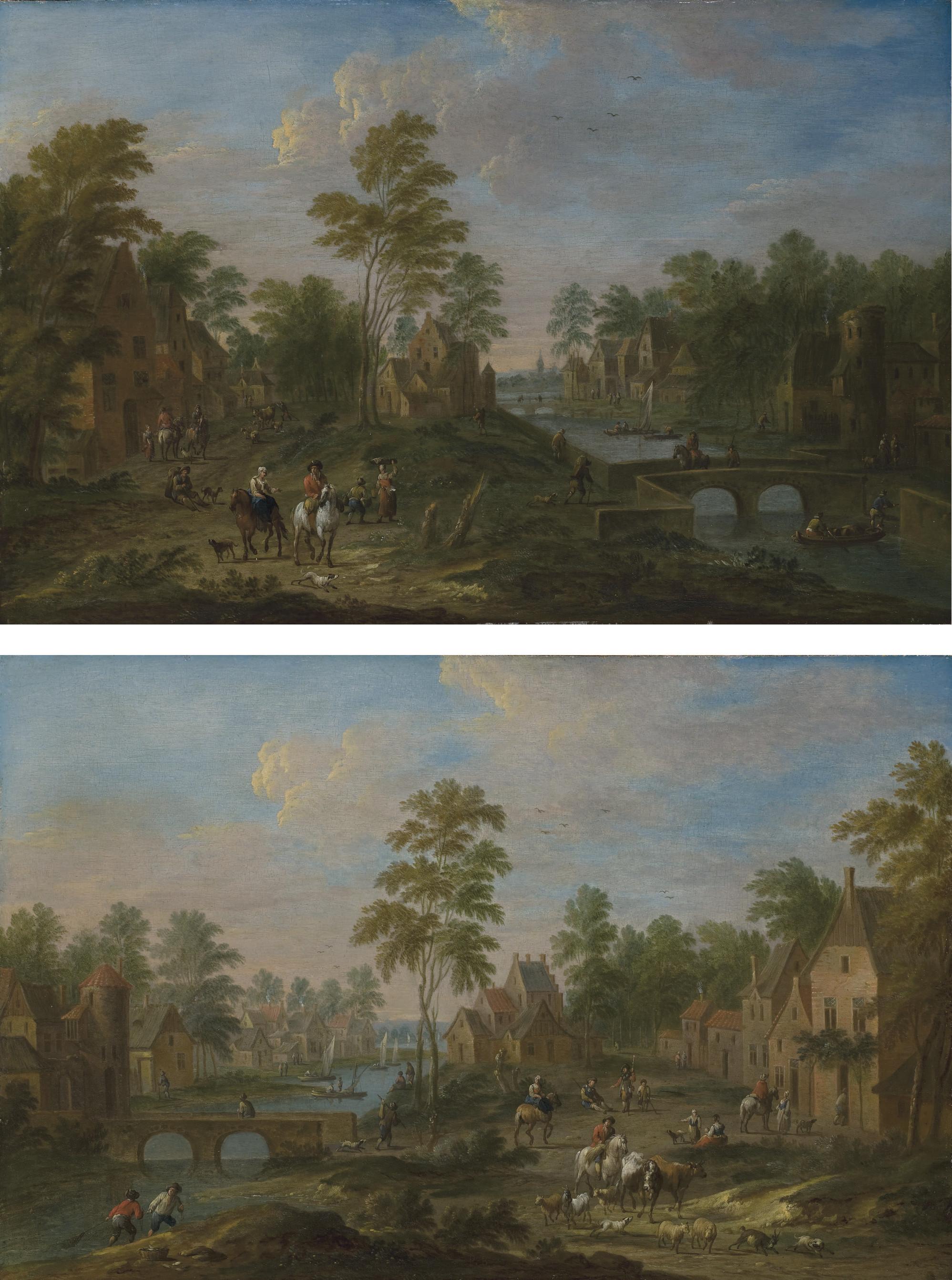 Pieter Van Bredael - Village fluvial animé de promeneurs, de cavaliers et de pêcheurs sur des barques ; et Village fluvial avec des cavaliers, des promeneurs et des pêcheurs tirant leurs filets