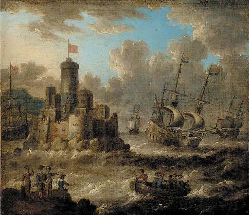 Pieter van de Velde - Dutch men-o\'-war in choppy seas near an island fort