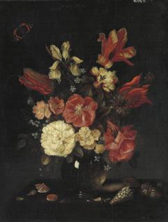 Pieter Van De Venne - Roses, tulips, an iris, forget-me-nots and other flowers in a vase, with shells on a table and a red admiral