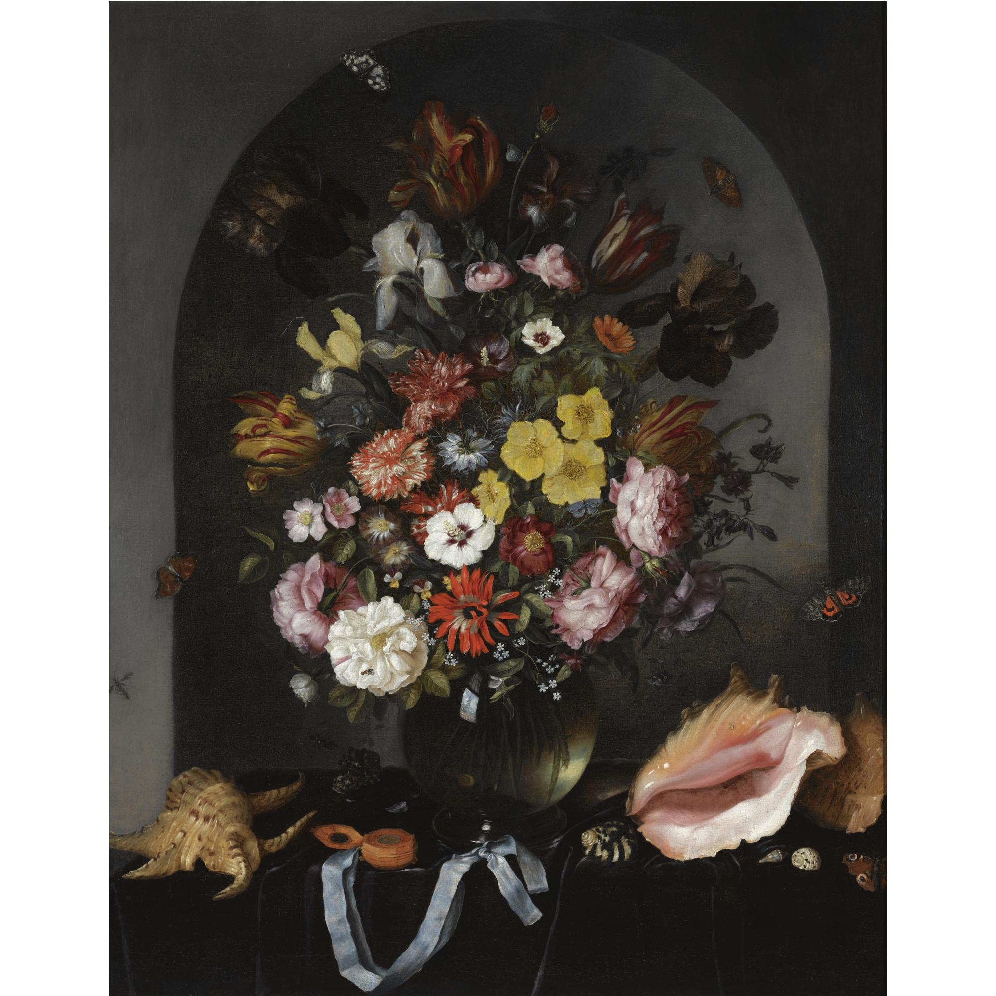 Pieter van de Venne - Still Life Of Roses, Tulips, Irises And Other Flowers In A Glass Vase, With Butterflies, Sea Shells And A Pocket Watch, All Arranged In A Stone Niche  