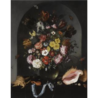 Pieter van de Venne - Still Life Of Roses, Tulips, Irises And Other Flowers In A Glass Vase, With Butterflies, Sea Shells And A Pocket Watch, All Arranged In A Stone Niche  