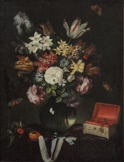 Pieter van de Venne - Tulips, narcissi, roses and other flowers in a glass vase on a table-top with a jewellery box and a pocketwatch