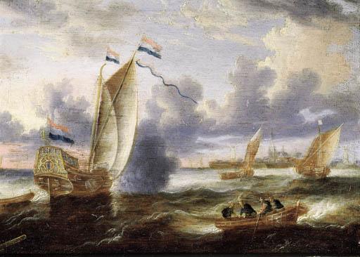Pieter Van Den Velde - An Amsterdam State-yacht and other shipping on a river in a stiff breeze, a town in the distance