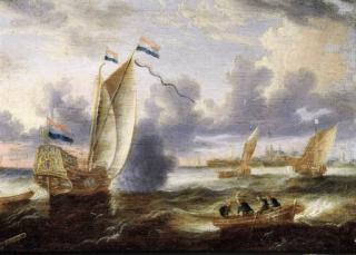 Pieter Van Den Velde - An Amsterdam State-yacht and other shipping on a river in a stiff breeze, a town in the distance