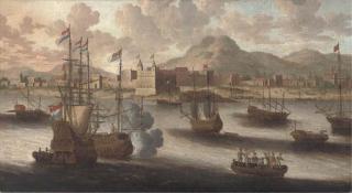 Pieter van den Velde - Dutch and English warships off a fortified Levantine port