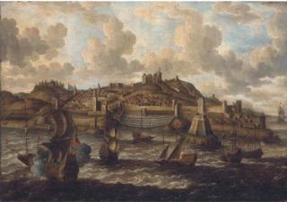 Pieter van den Velde - English and Dutch warships and Tunis galeasses before a fortified port, traditionally identified as Valetta