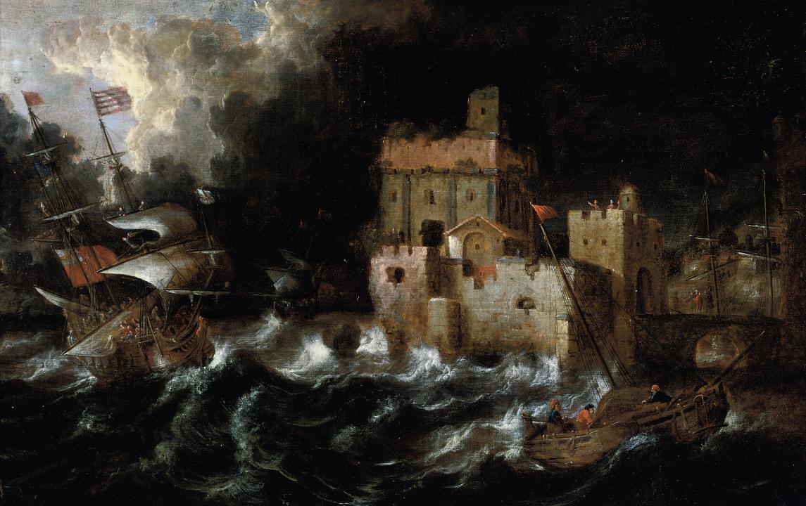 Pieter van den Velde - English men-o\'war off a fortified port