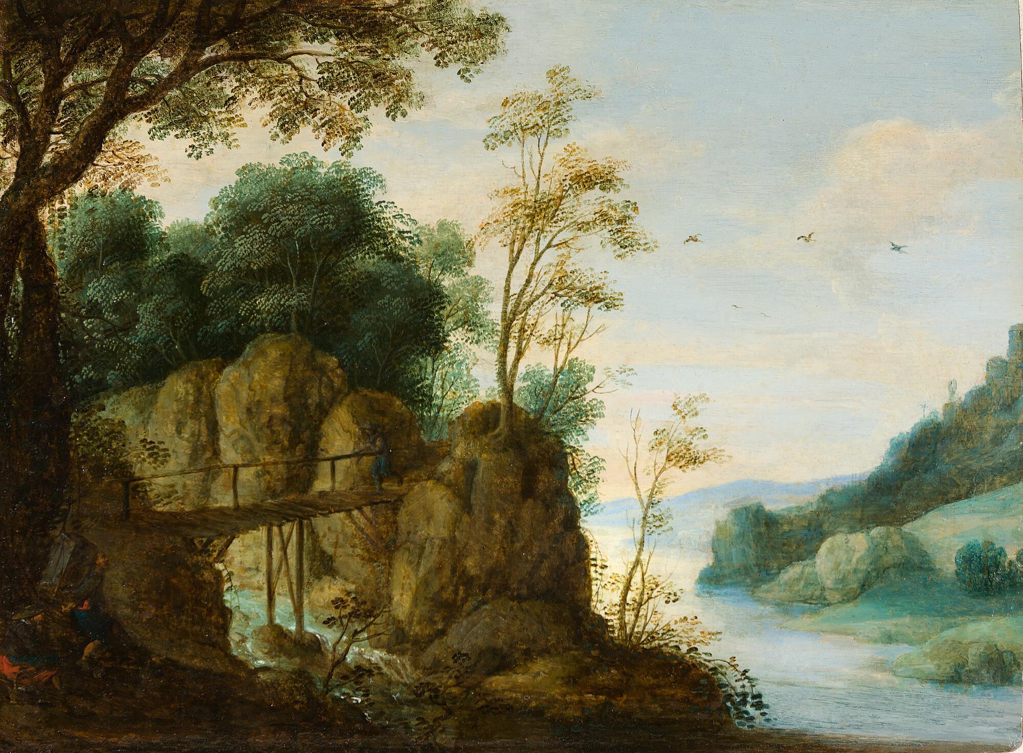 Pieter van der Borcht - Felsige Flusslandschaft mit einem Holzsteg und Wanderern.