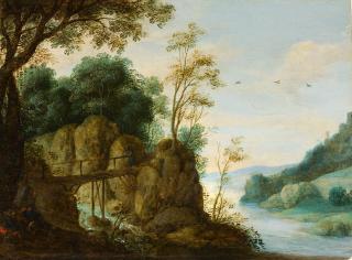 Pieter van der Borcht - Felsige Flusslandschaft mit einem Holzsteg und Wanderern.