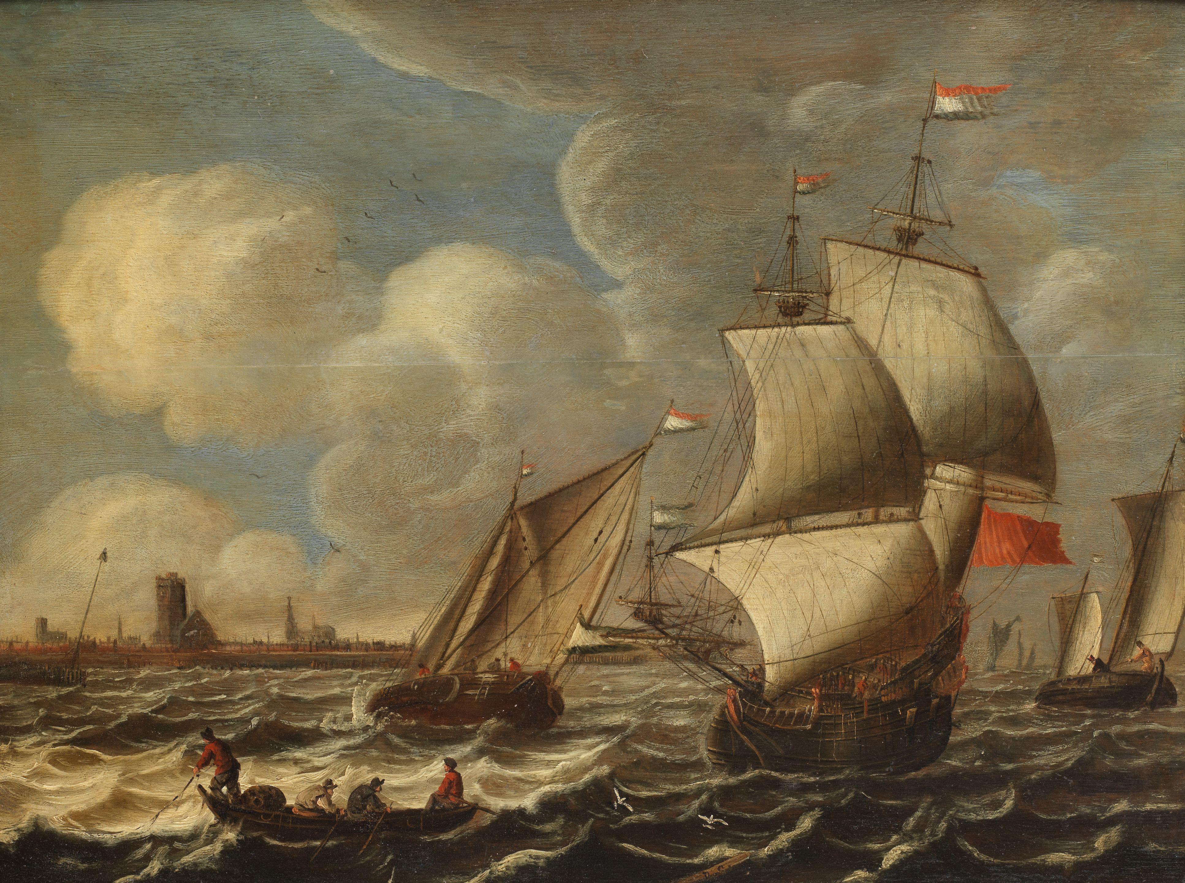 Pieter Van Der Croos - Fisherman and shipping in a stormy sea