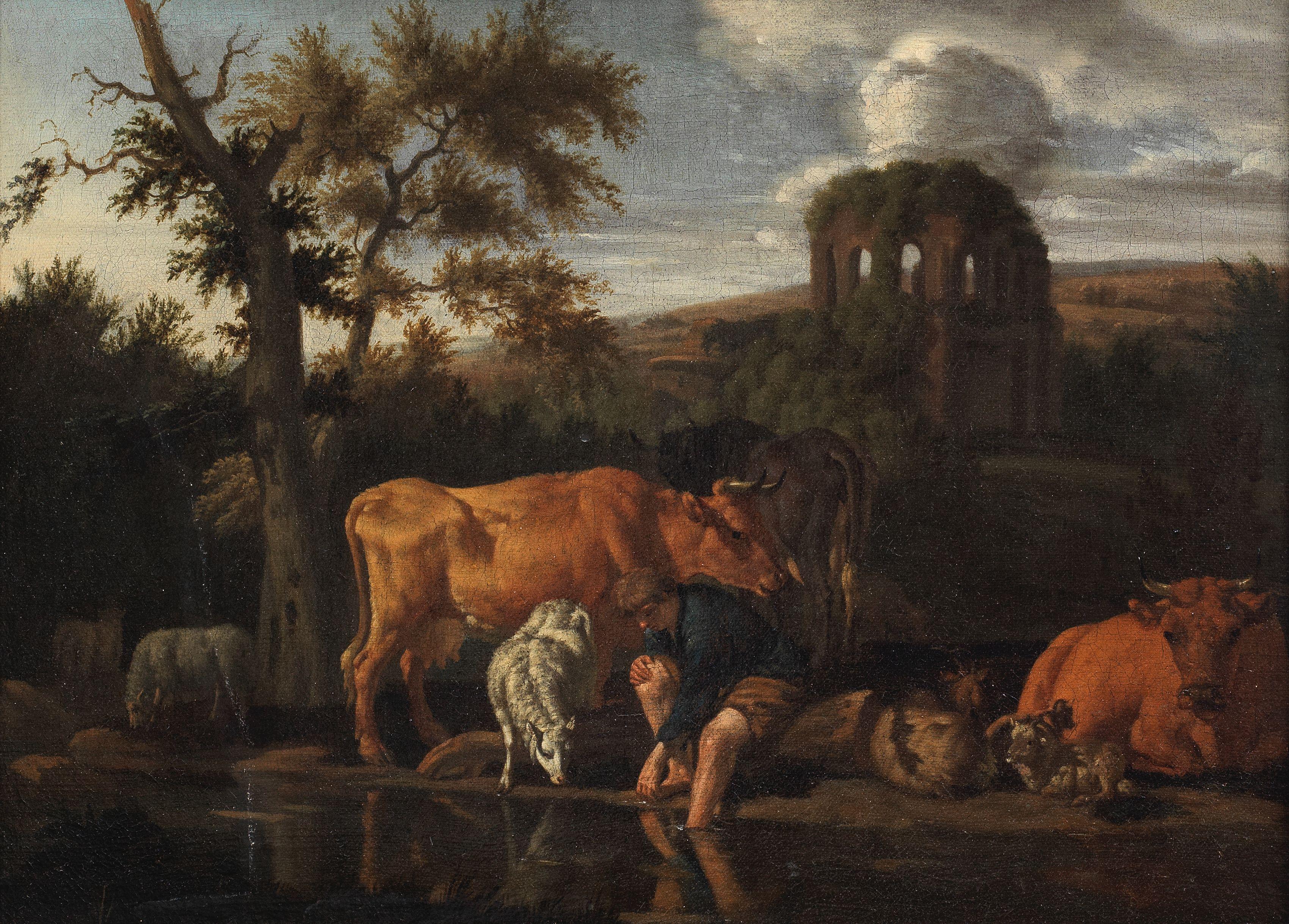 Pieter van der Leeuw - An Italianate landscape with a drover and his herd before the temple of Minerva Medica