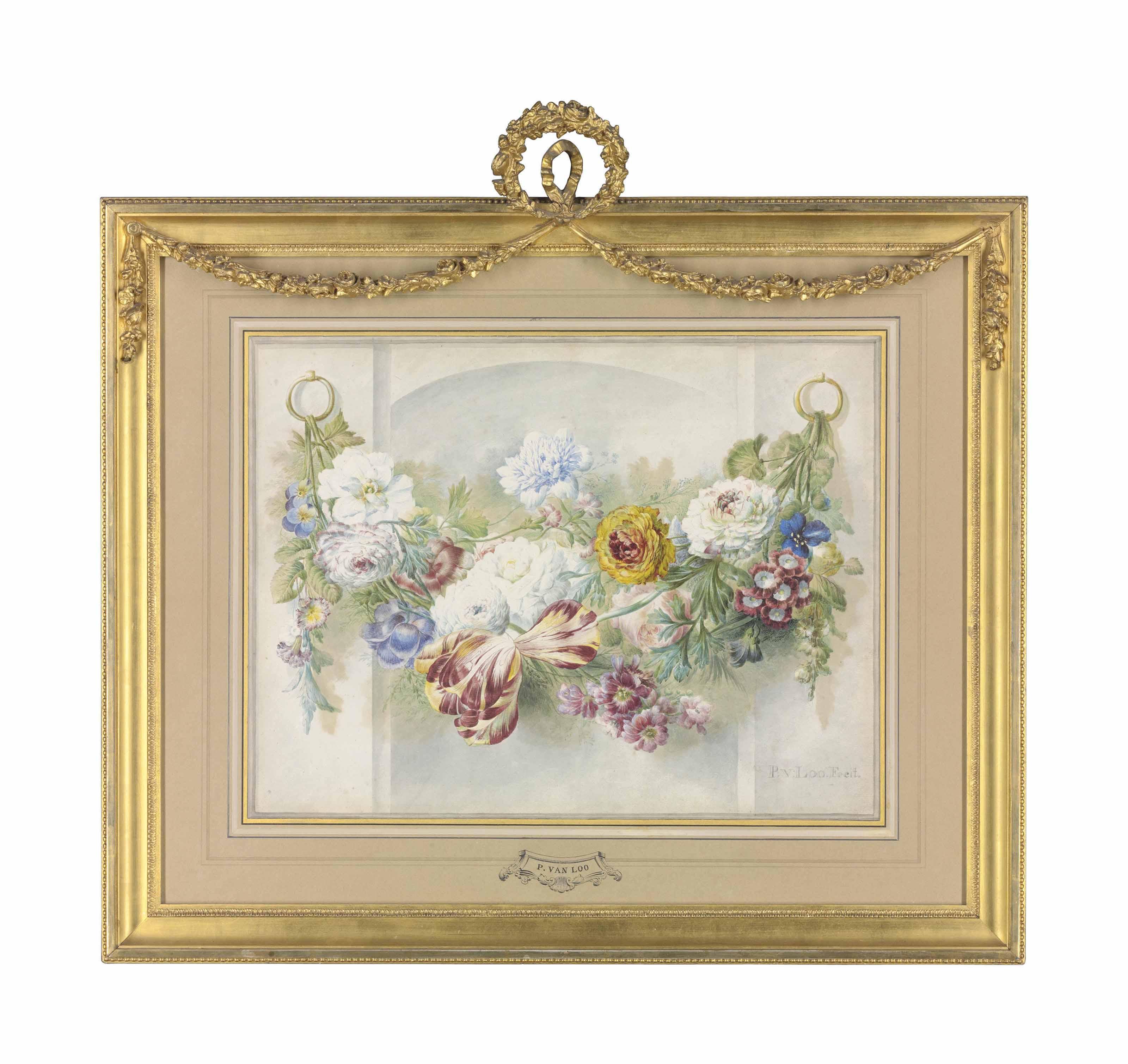 Pieter Van Loo - A garland with a tulip, stocks, auricula, chrysanthemums and other flowers, hung against a stone niche
