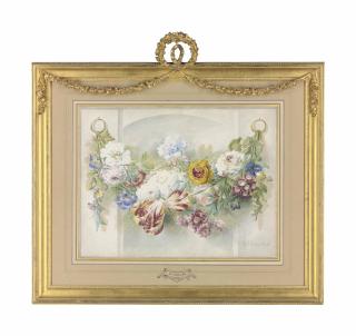 Pieter Van Loo - A garland with a tulip, stocks, auricula, chrysanthemums and other flowers, hung against a stone niche
