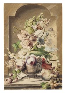 Pieter Van Loo - A still life, with a vase of flowers, grapes and a peach in a stone niche