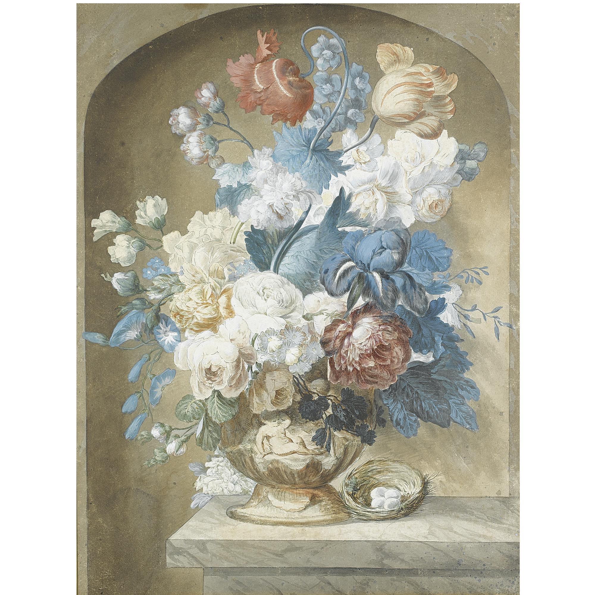 Pieter van Loo - Bouquet Of Flowers In A Vase, With A Bird\'S Nest On The Ledge Beside