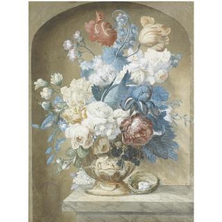 Pieter van Loo - Bouquet Of Flowers In A Vase, With A Bird\'S Nest On The Ledge Beside