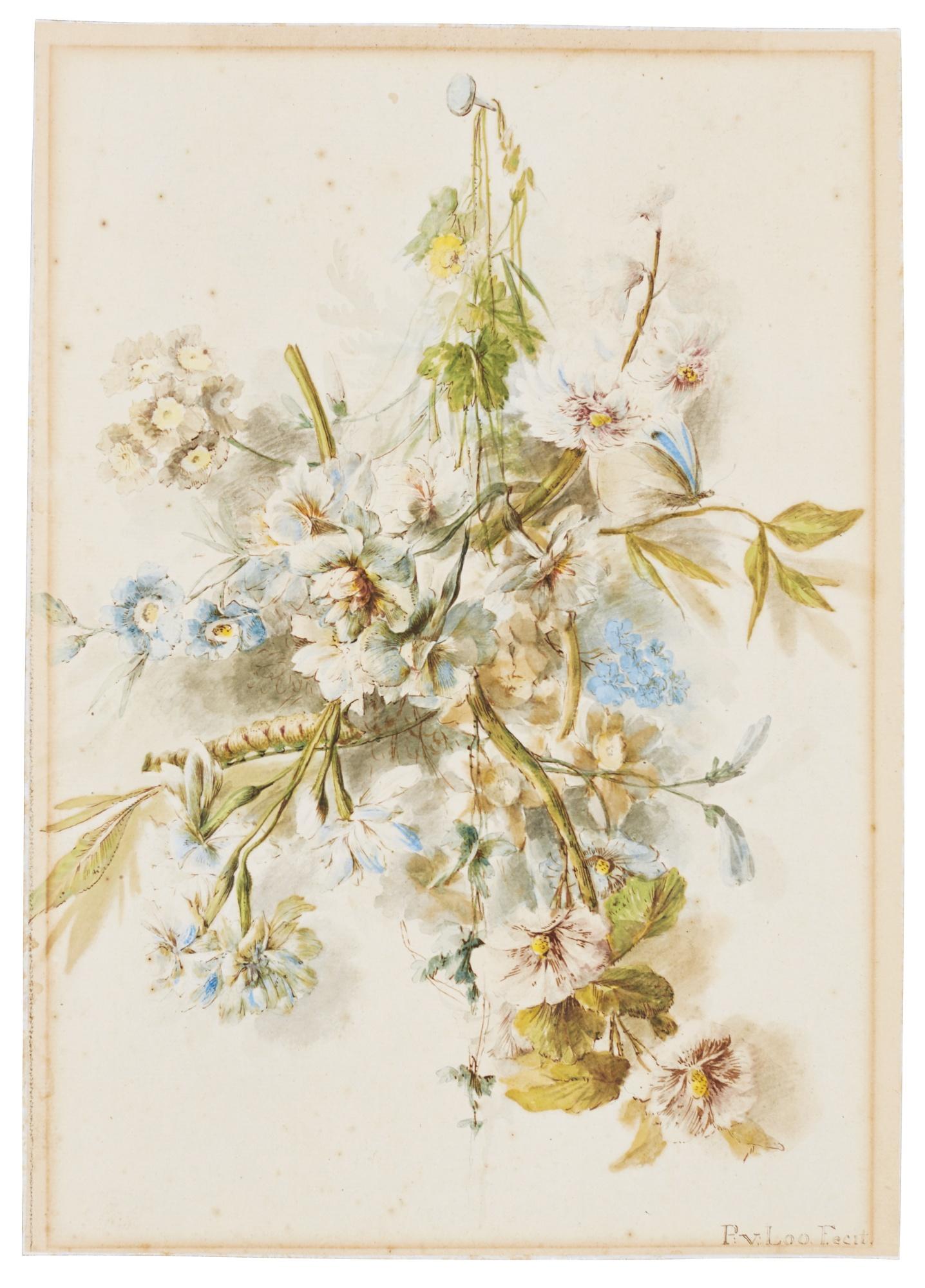 Pieter Van Loo - Still Life Of Flower Blossom With A Caterpillar