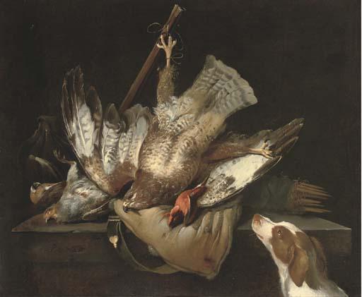 Pieter van Noort - A Hunting Still Life With A Falcon, A Partridge, A Kingfisher, A Game Bag On A Ledge And A Spaniel