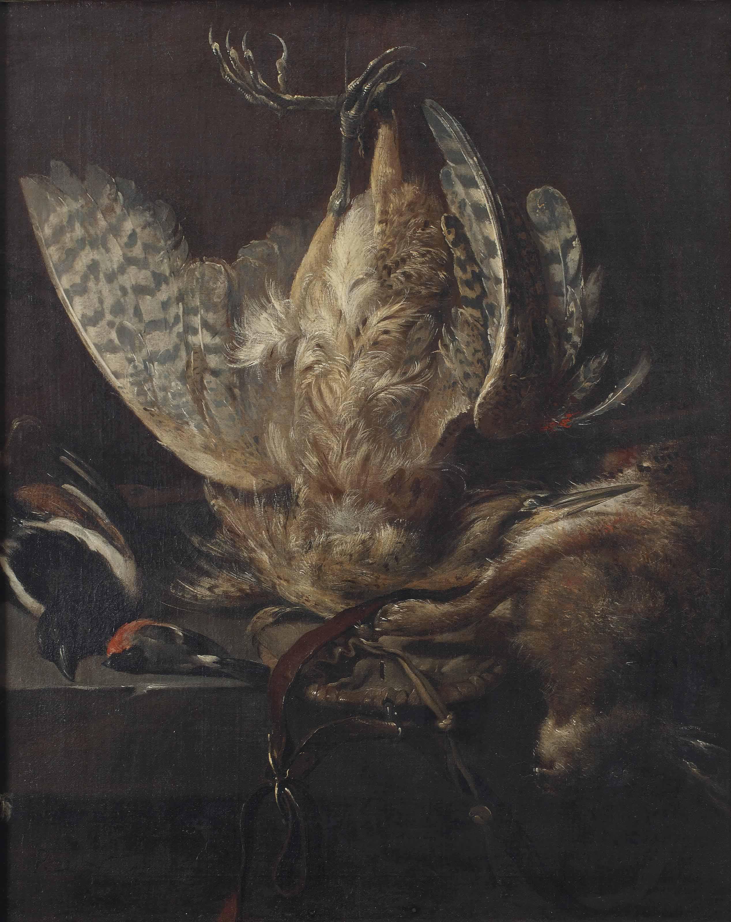 Pieter Van Noort - A hunting still life with a heron, magpie, finch, hare and a hunting bag on a stone ledge