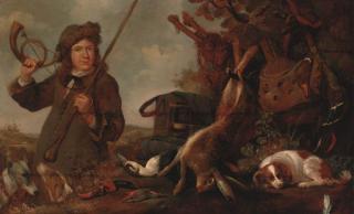 Pieter van Noort - A huntsman with dead game and a spaniel in a landscape with hounds coursing beyond