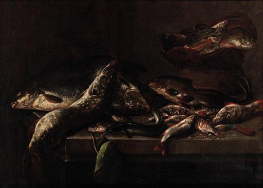 Pieter Van Noort - Carp, pike, eel, perch and other fish on a stone ledge