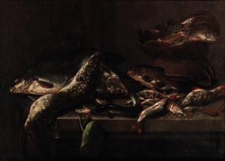 Pieter Van Noort - Carp, pike, eel, perch and other fish on a stone ledge
