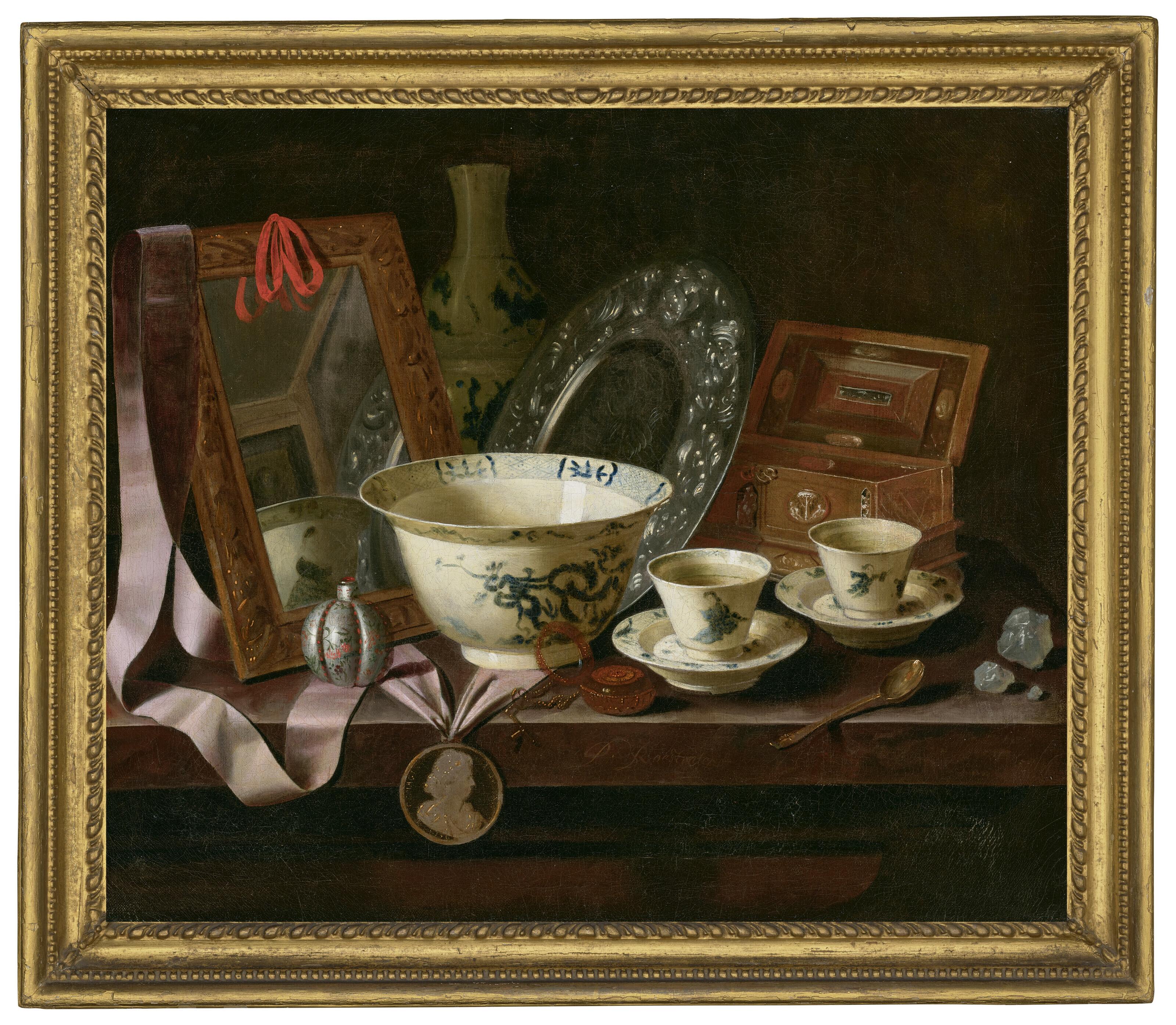 Pieter van Roestraeten - Chinese porcelain cups and a bowl, with a mirror, a silver platter and a portrait medal, with other objects on a table