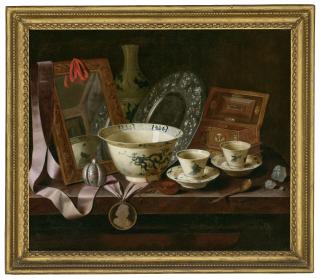 Pieter van Roestraeten - Chinese porcelain cups and a bowl, with a mirror, a silver platter and a portrait medal, with other objects on a table